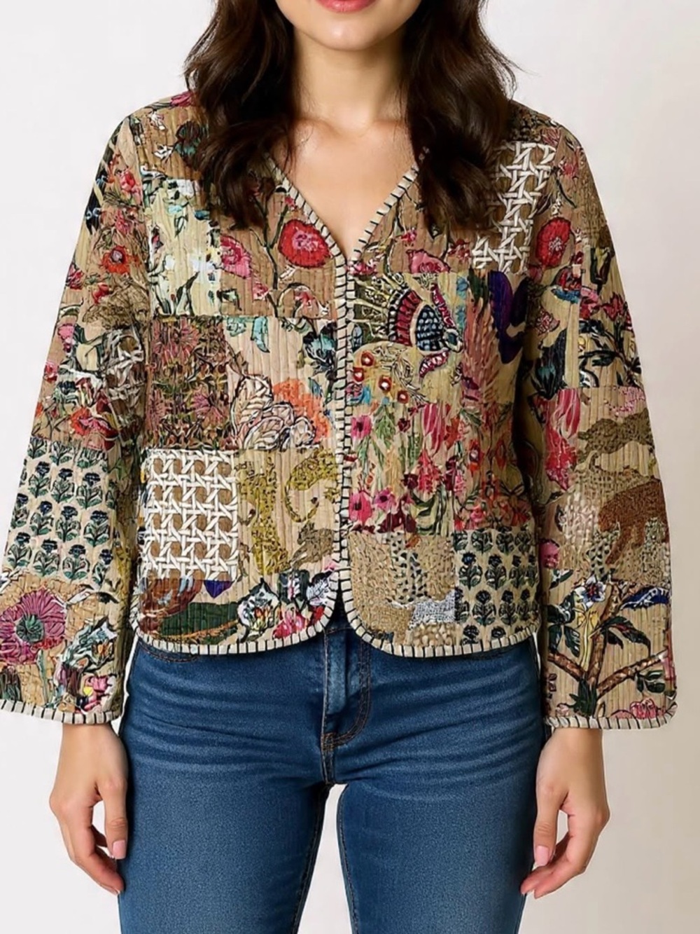 Patchwork cotton quilted Kantha jacket reversible design India